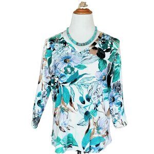 Chico's Floral V-Neck Knit Tee Top 2 Lg 3/4 Sleeve Cotton Blue Green Multi